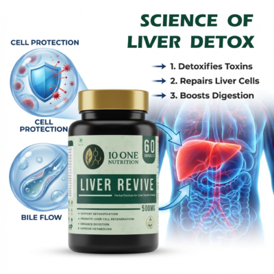 Liver Revive supplement bottle sitting next to a gym bag and protein shaker.